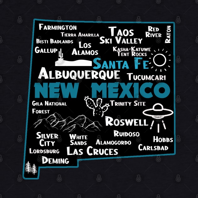 Cute map of Santa Fe New Mexico, Albuquerque Los Alamos, Taos,Roswell Las Cruces Deming Carlsbad Hobbs Silver City by BoogieCreates